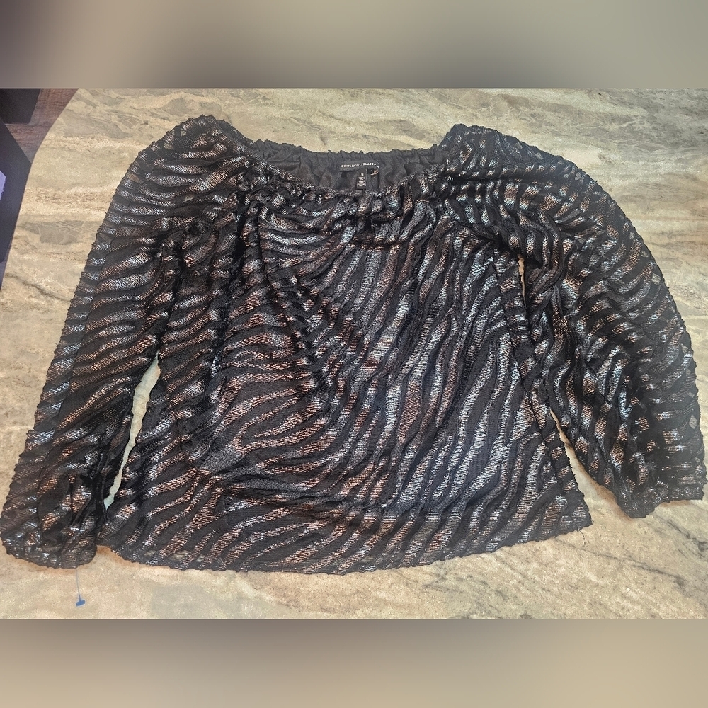 WHBM Shimmer Off the Shoulder Blouse Black Metallic Silver, Size M